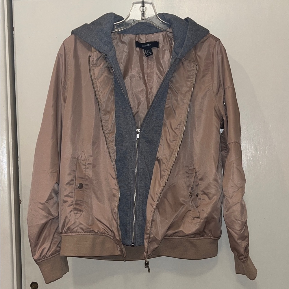 Forever 21 Tan Silky Bomber Jacket with Gray Internal Hoodie SZ Large